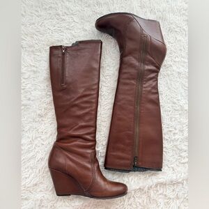 Aldo Brown Leather Knee-High Wedge Boots Brand New